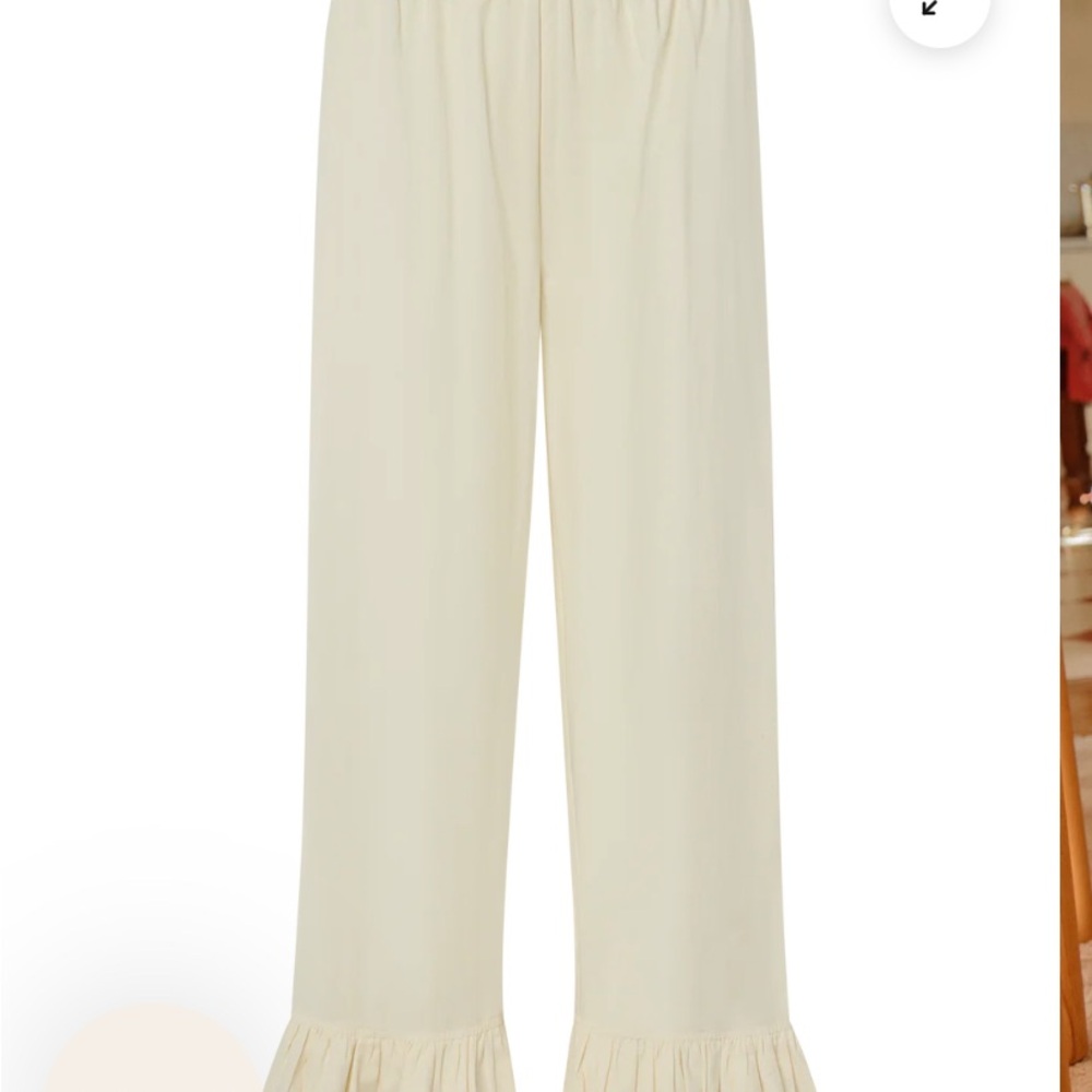 Cream Ruffle Hem Wide-Leg Pants